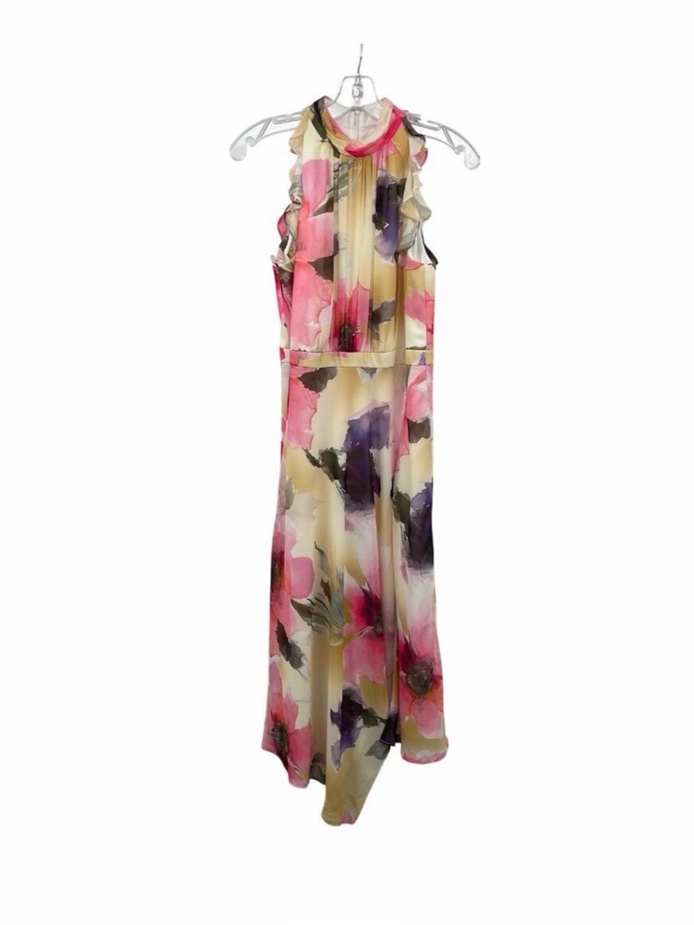 Floral Watercolor Ruffle Maxi Dress in Pink and Purple